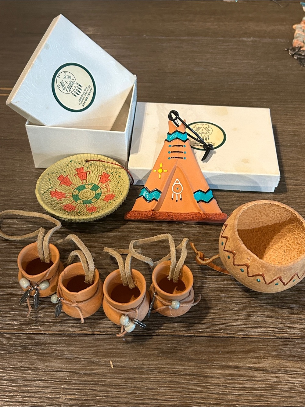 native American Christmas ornaments terra cotta pots gourd tepee artisan made 7